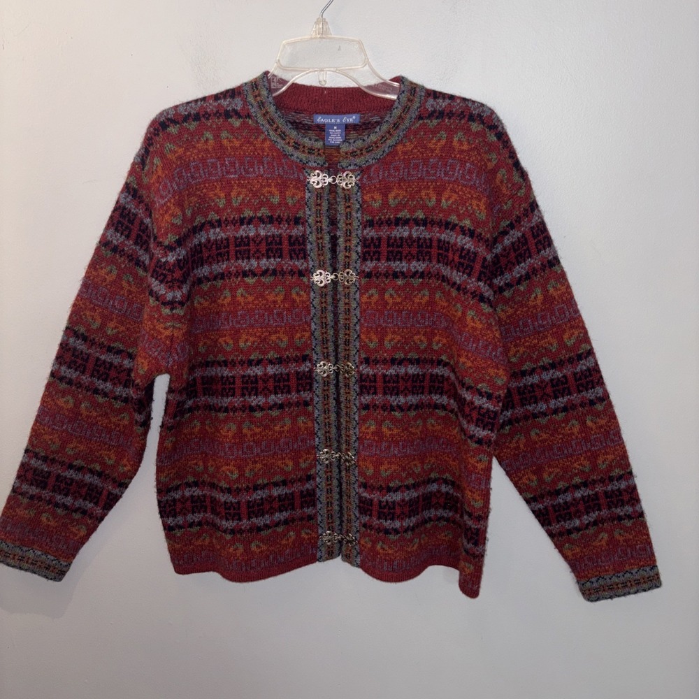 Vintage Eagles Eye Red Fair Isle Wool Cardigan Sweater Metal Clasp Women's M